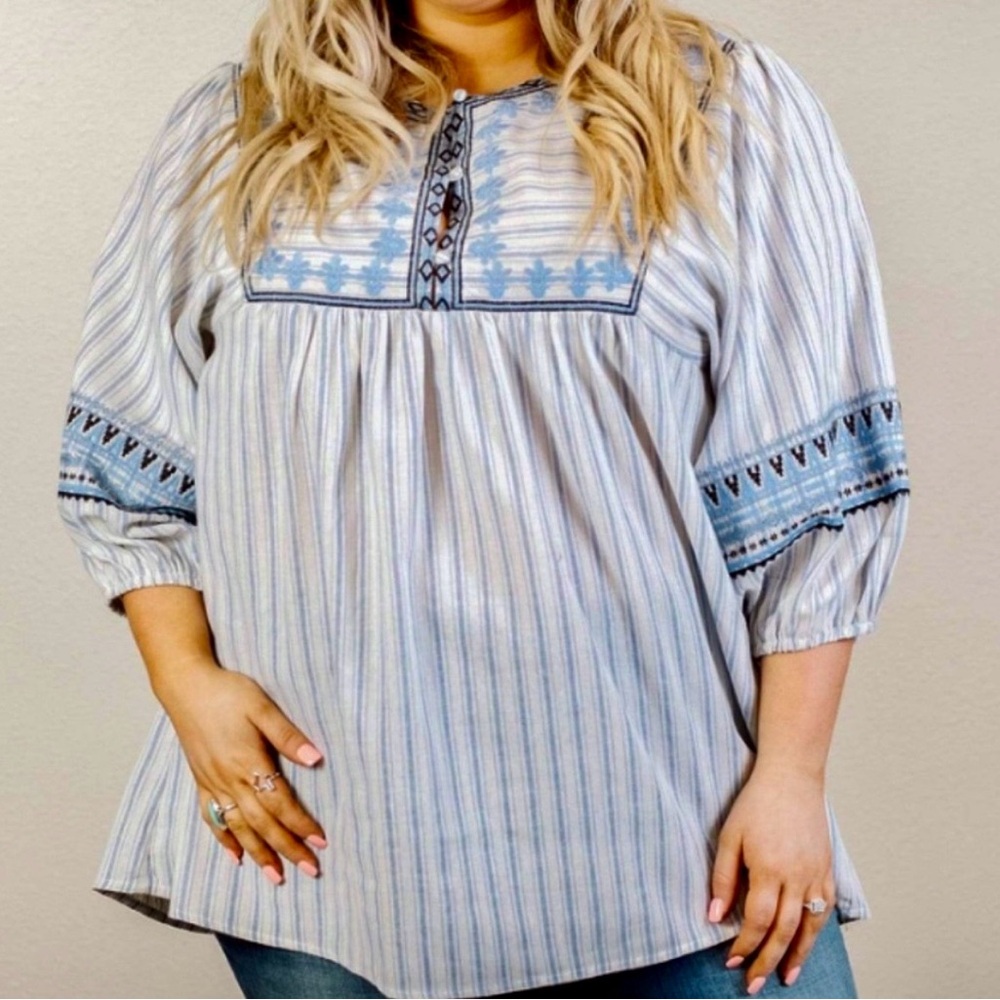 Glitzy Girlz Blue & White Embroidered Striped Tunic Top